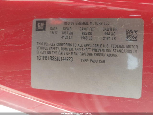 Продажа на аукционе авто 2018 Chevrolet Camaro 1lt, vin: 1G1FB1RS2J0144223, номер лота: 44813045