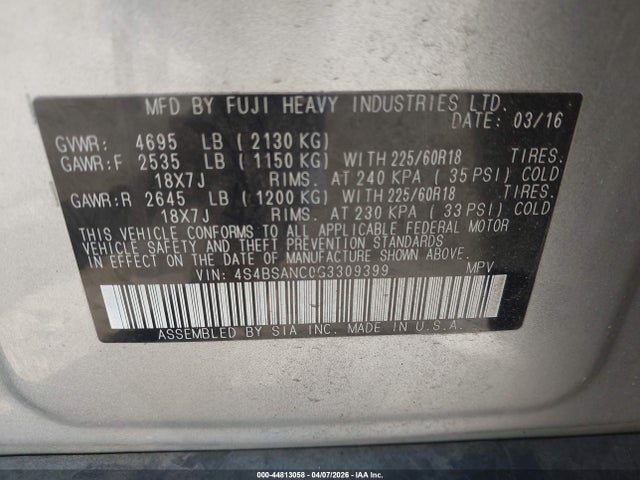 4S4BSANC0G3309399 Subaru Outback 2.5i Limited