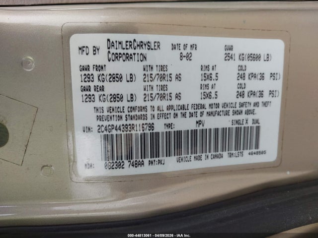 2003 Chrysler Town & Country Lx მანქანა იყიდება აუქციონზე, vin: 2C4GP44393R116796, აუქციონის ნომერი: 44813061
