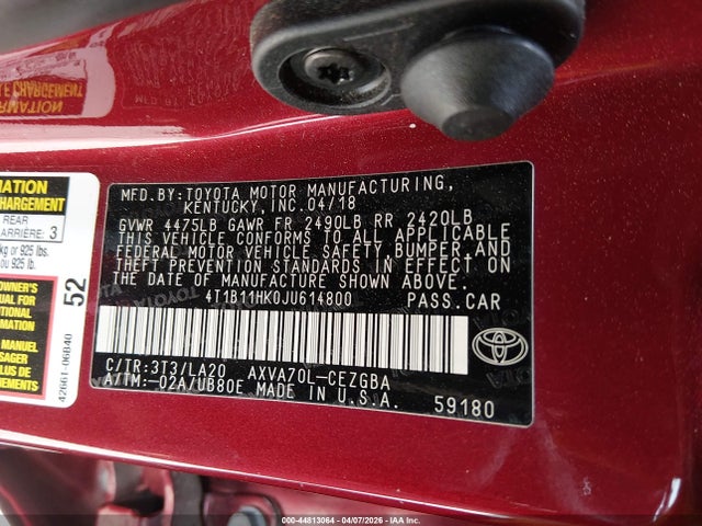 4T1B11HK0JU614800 Toyota CAMRY XLE