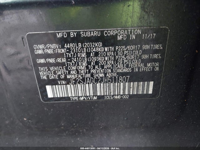 44813091 :رقم المزاد ، JF2SJAGC2JH511807 vin ، 2018 Subaru Forester 2.5i Premium مزاد بيع