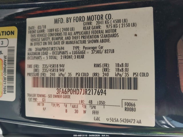 Aukcja sprzedaży 2018 Ford Fusion Se, vin: 3FA6P0HD7JR217694, numer aukcji: 44813110