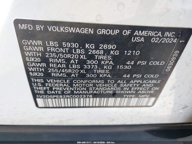 2024 Volkswagen Id.4 Awd Pro მანქანა იყიდება აუქციონზე, vin: 1V2DSPE82RC002376, აუქციონის ნომერი: 44813111