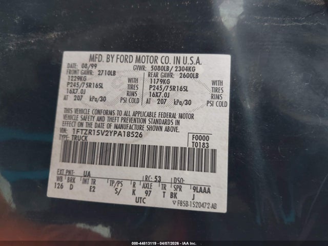 44813119 :رقم المزاد ، 1FTZR15V2YPA18526 vin ، 2000 Ford Ranger Xl/xlt مزاد بيع