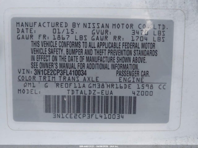 3N1CE2CP3FL410034 Nissan Versa Note S (sr)/s Plus/sl/sr/sv
