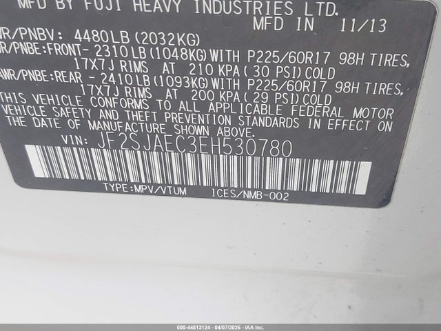 Продажа на аукционе авто 2014 Subaru Forester 2.5i Premium, vin: JF2SJAEC3EH530780, номер лота: 44813124