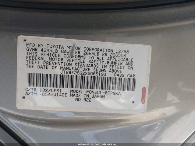 44813130 :رقم المزاد ، JT8BF28G2X5065190 vin ، 1999 Lexus Es 300 مزاد بيع