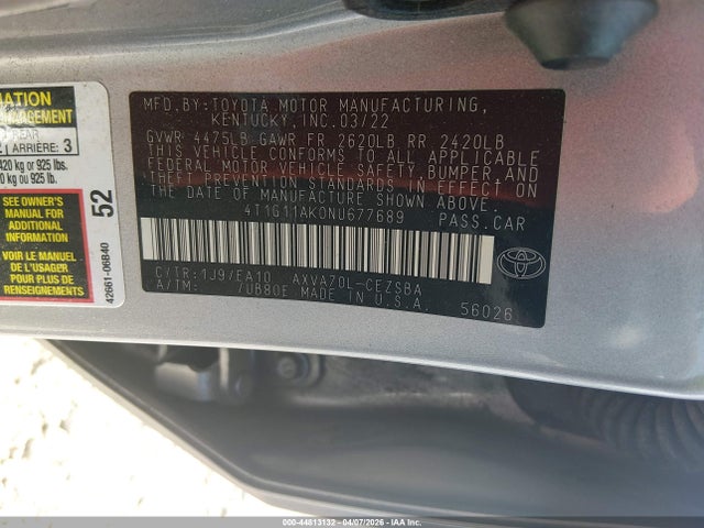 Aukcja sprzedaży 2022 Toyota Camry Se, vin: 4T1G11AK0NU677689, numer aukcji: 44813132
