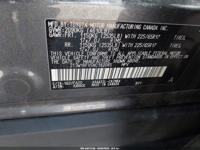 44813144 :رقم المزاد ، 2T3W1RFV5NC182085 vin ، 2022 Toyota Rav4 Xle مزاد بيع