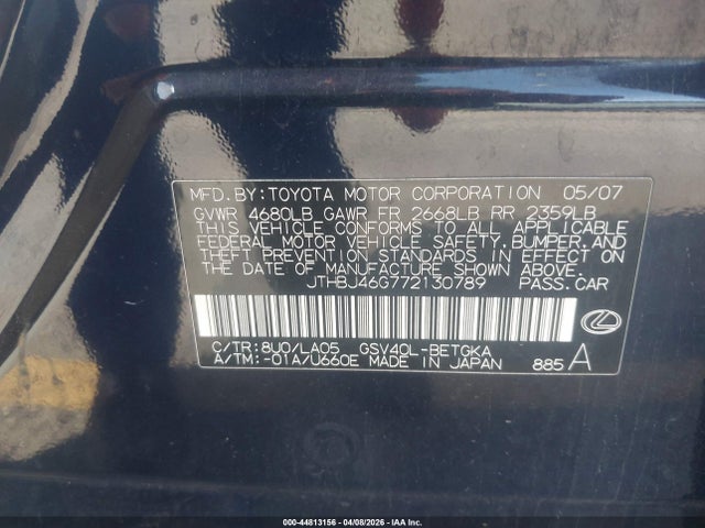 Aukcja sprzedaży 2007 Lexus Es 350, vin: JTHBJ46G772130789, numer aukcji: 44813156