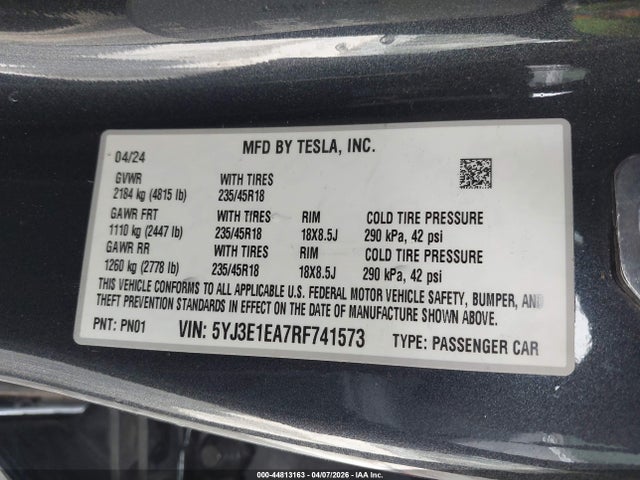 Aukcja sprzedaży 2024 Tesla Model 3 Long Range Dual Motor All-wheel Drive/rear-wheel Drive, vin: 5YJ3E1EA7RF741573, numer aukcji: 44813163