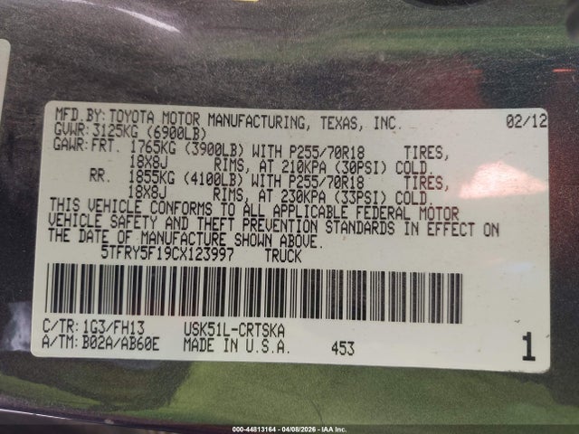 Продаж на аукціоні авто 2012 Toyota Tundra Grade 5.7l V8, vin: 5TFRY5F19CX123997, номер лоту: 44813164