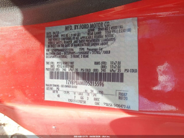 44813170 :رقم المزاد ، 1ZVBP8AM0D5215596 vin ، 2013 Ford Mustang V6 Premium مزاد بيع