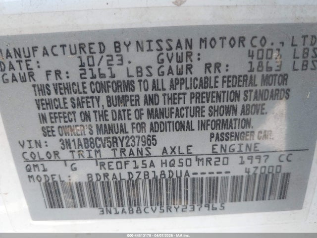2024 Nissan Sentra Sv Xtronic Cvt მანქანა იყიდება აუქციონზე, vin: 3N1AB8CV5RY237965, აუქციონის ნომერი: 44813178