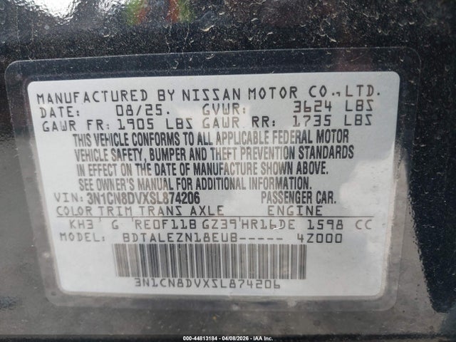 2025 Nissan Versa 1.6 S მანქანა იყიდება აუქციონზე, vin: 3N1CN8DVXSL874206, აუქციონის ნომერი: 44813184