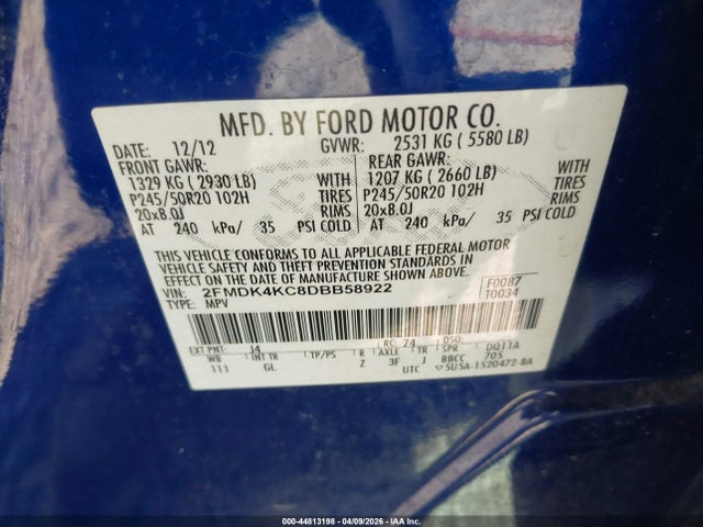 Продажа на аукционе авто 2013 Ford Edge Limited, vin: 2FMDK4KC8DBB58922, номер лота: 44813198