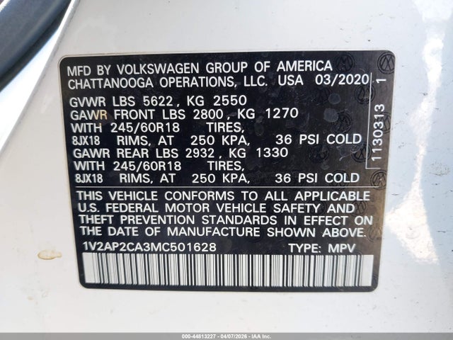 44813227 :رقم المزاد ، 1V2AP2CA3MC501628 vin ، 2021 Volkswagen Atlas 2.0t S مزاد بيع