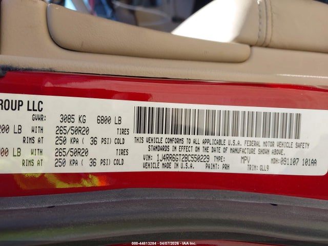 2011 Jeep Grand Cherokee Overland მანქანა იყიდება აუქციონზე, vin: 1J4RR6GT2BC550229, აუქციონის ნომერი: 44813284