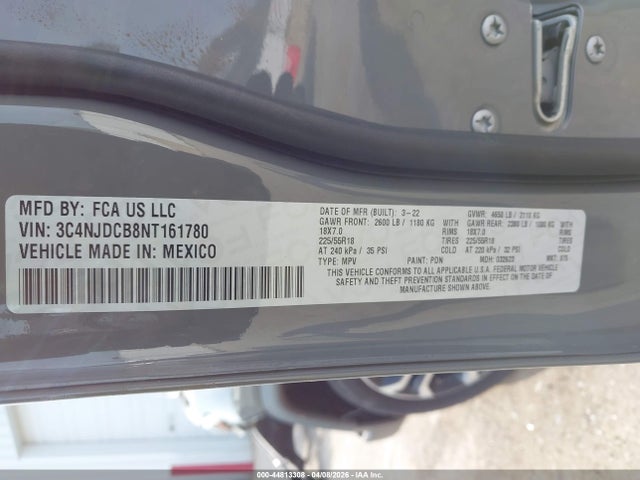 Продажа на аукционе авто 2022 Jeep Compass Limited 4x4, vin: 3C4NJDCB8NT161780, номер лота: 44813308