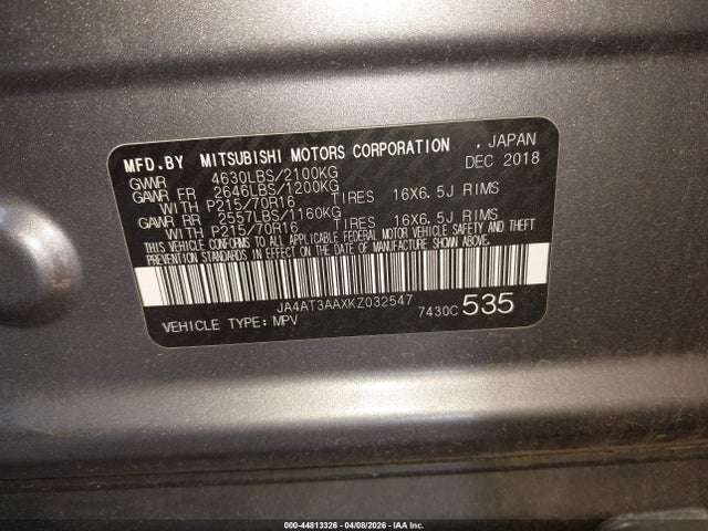 44813326 :رقم المزاد ، JA4AT3AAXKZ032547 vin ، 2019 Mitsubishi Eclipse Cross Es مزاد بيع