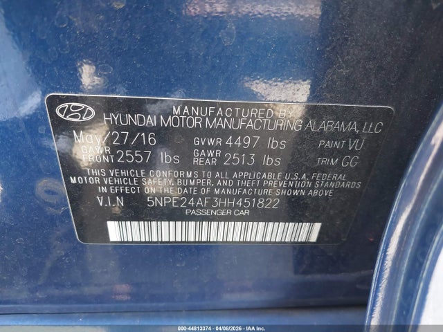 Продаж на аукціоні авто 2017 Hyundai Sonata Se, vin: 5NPE24AF3HH451822, номер лоту: 44813374