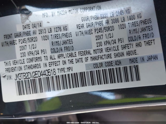 44813384 :رقم المزاد ، JM3TB2DV2E0440518 vin ، 2014 Mazda Cx-9 Grand Touring مزاد بيع