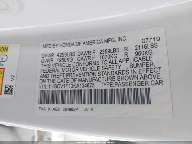 Honda ACCORD LX 2019 1HGCV1F13KA134875 Image 9