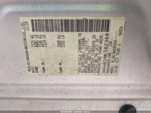 2021 Nissan Maxima Sv Xtronic Cvt მანქანა იყიდება აუქციონზე, vin: 1N4AA6CV4MC502368, აუქციონის ნომერი: 44813400
