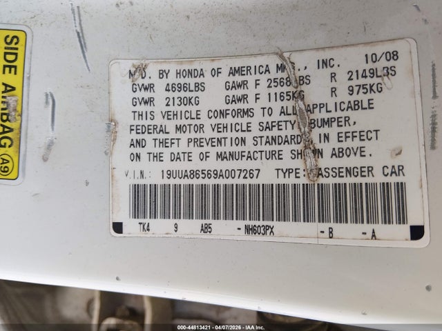 44813421 :رقم المزاد ، 19UUA86569A007267 vin ، 2009 Acura Tl 3.5 مزاد بيع
