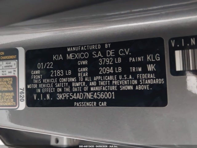2022 Kia Forte Gt-line მანქანა იყიდება აუქციონზე, vin: 3KPF54AD7NE456001, აუქციონის ნომერი: 44813435