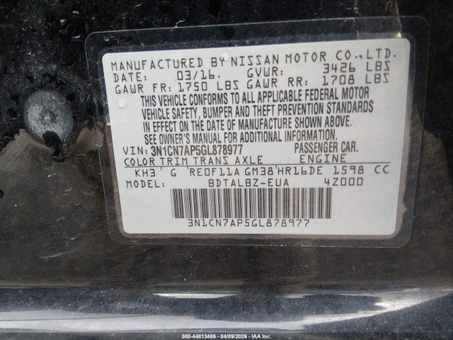 3N1CN7AP5GL878977 Nissan Versa 1.6 S/1.6 S+/1.6 Sl/1.6 Sv