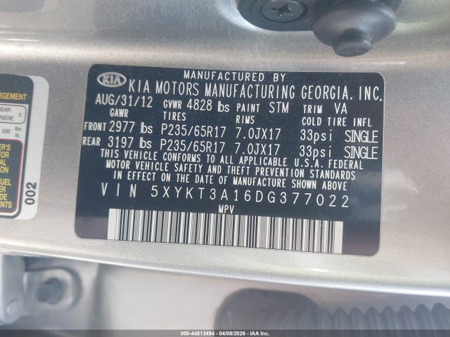 44813494 :رقم المزاد ، 5XYKT3A16DG377022 vin ، 2013 Kia Sorento Lx مزاد بيع