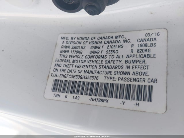 44813515 :رقم المزاد ، 2HGFC3B33GH352376 vin ، 2016 Honda Civic Ex-t مزاد بيع