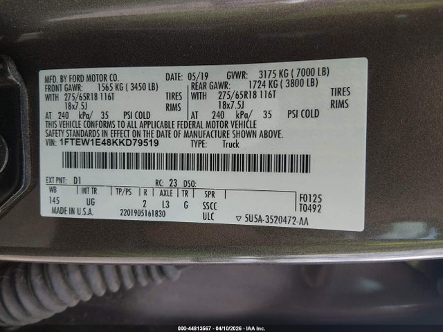 Aukcja sprzedaży 2019 Ford F-150 Xlt, vin: 1FTEW1E48KKD79519, numer aukcji: 44813567