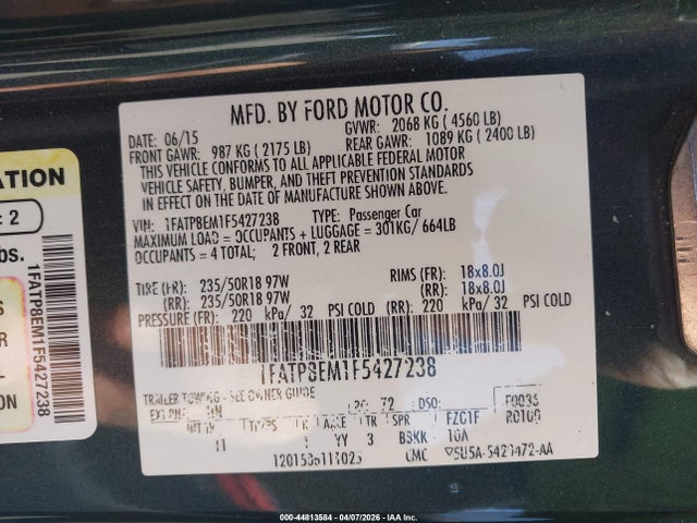 Ford Mustang V6 2015 1FATP8EM1F5427238 Image 9