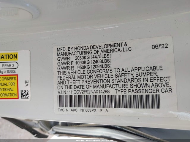 44813605 :رقم المزاد ، 1HGCV2F92NA014288 vin ، 2022 Honda Accord Touring مزاد بيع