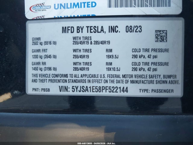 Aukcja sprzedaży 2023 Tesla Model S Dual Motor All-wheel Drive/standard Range, vin: 5YJSA1E58PF522144, numer aukcji: 44813608