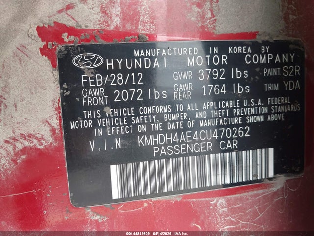 Aukcja sprzedaży 2012 Hyundai Elantra Limited (ulsan Plant), vin: KMHDH4AE4CU470262, numer aukcji: 44813609