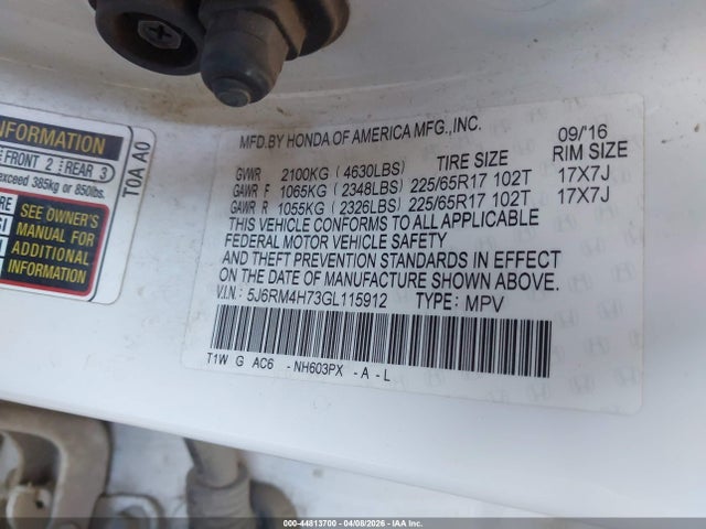 Honda Cr-v Ex-l 2016 5J6RM4H73GL115912 Image 9