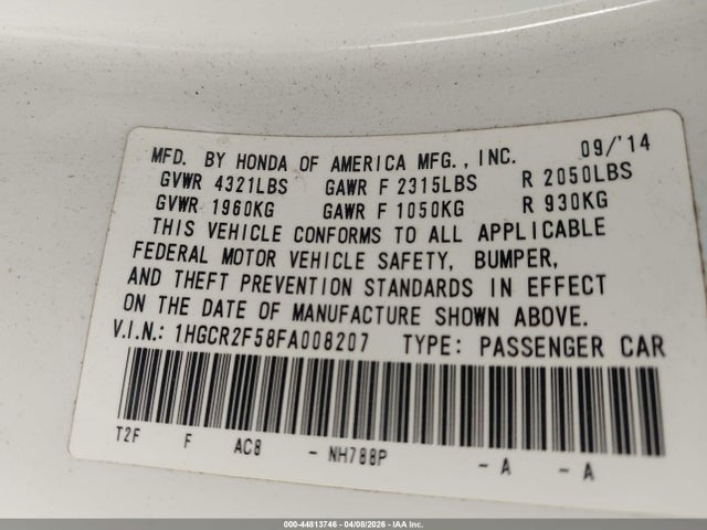Продаж на аукціоні авто 2015 Honda Accord Sport, vin: 1HGCR2F58FA008207, номер лоту: 44813746