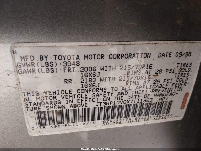 44813765 :رقم المزاد ، JT3HP10V0X7111363 vin ، 1999 Toyota Rav4 مزاد بيع