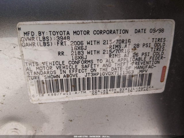 44813765 :رقم المزاد ، JT3HP10V0X7111363 vin ، 1999 Toyota Rav4 مزاد بيع
