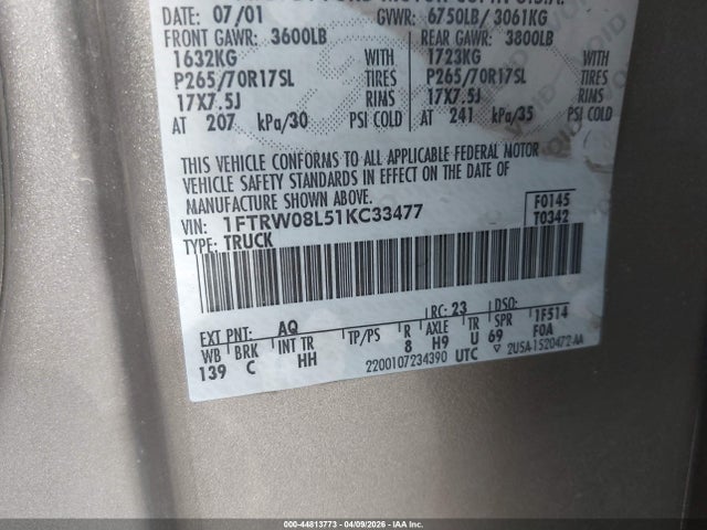 Продаж на аукціоні авто 2001 Ford F-150 King Ranch Edition/lariat/xlt, vin: 1FTRW08L51KC33477, номер лоту: 44813773