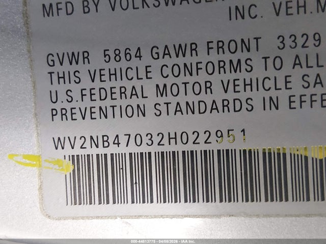 44813775 :رقم المزاد ، WV2NB47032H022951 vin ، 2002 Volkswagen Eurovan Mv مزاد بيع