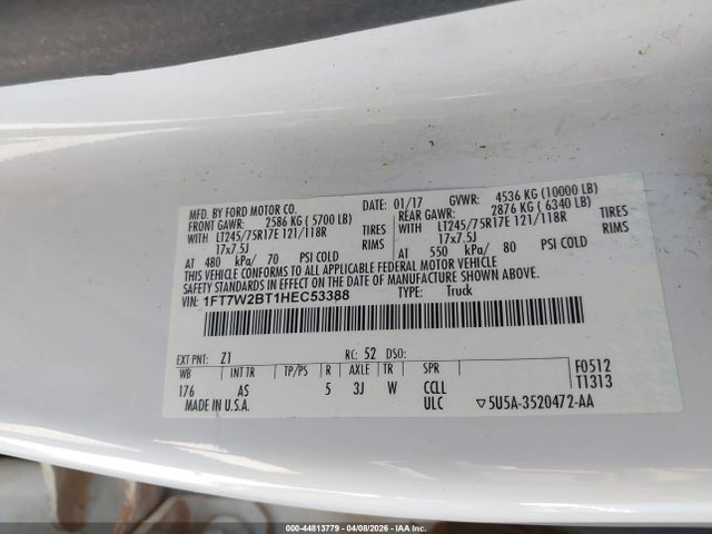 2017 Ford F-250 Xl მანქანა იყიდება აუქციონზე, vin: 1FT7W2BT1HEC53388, აუქციონის ნომერი: 44813779