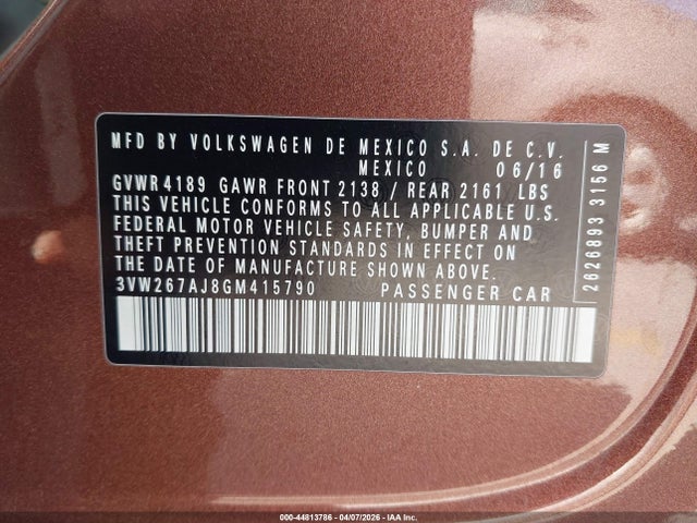 44813786 :رقم المزاد ، 3VW267AJ8GM415790 vin ، 2016 Volkswagen Jetta 1.4t S مزاد بيع