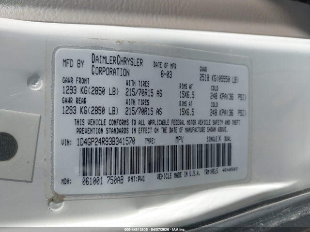 44813805 :رقم المزاد ، 1D4GP24R93B341570 vin ، 2003 Dodge Grand Caravan Se مزاد بيع