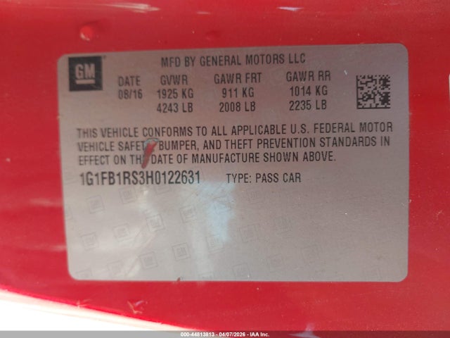 Auction sale of the 2017 Chevrolet Camaro 1lt, vin: 1G1FB1RS3H0122631, lot number: 44813813