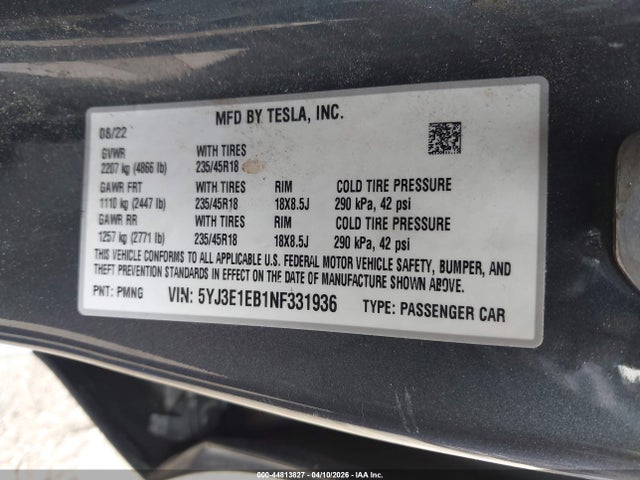 2022 Tesla Model 3 Long Range Dual Motor All-wheel Drive მანქანა იყიდება აუქციონზე, vin: 5YJ3E1EB1NF331936, აუქციონის ნომერი: 44813827