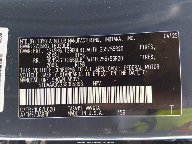 Продаж на аукціоні авто 2025 Toyota Grand Highlander Limited, vin: 5TDAAAB53SS085898, номер лоту: 44813828